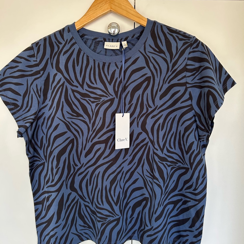 Clare V Blue Zebra Print Cap Sleeve T-Shirt